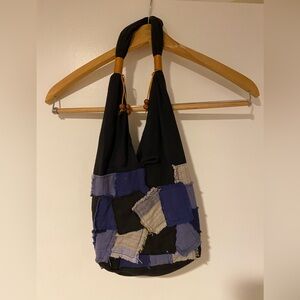 Patchwork Fabric Satchel Purse /Tote Bag - Black and Blue